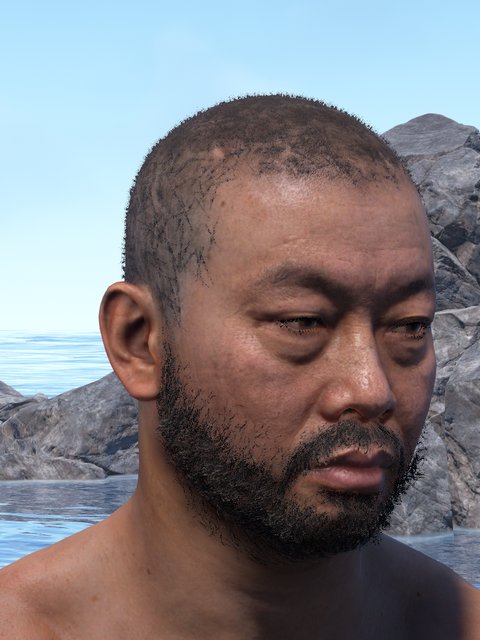 asian male, buzzcut, stubble